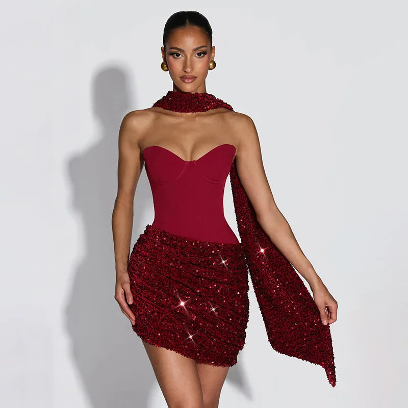 Women Slim Sexy Pleated Bodycon Dress Sequin Backless Spaghetti Strap Mini Summer Dresses 2026 Lady Evening Nightclub Party Gown