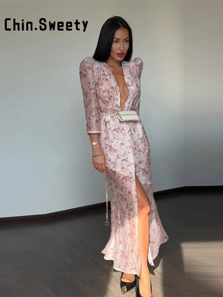 Elegant Printed Women's Dress Organza Deep V-neck Half Sleeved Waist Cinched Pleated Dresses 2026 Summer Lady Holiday Party Robe
