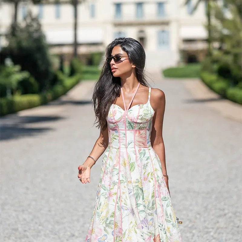 Floral Printed Sleeveless Halter Neck Maxi Dress Lady Waist Cinching A-line Dresses 2026 Women Summer Vacation Party Vestidos