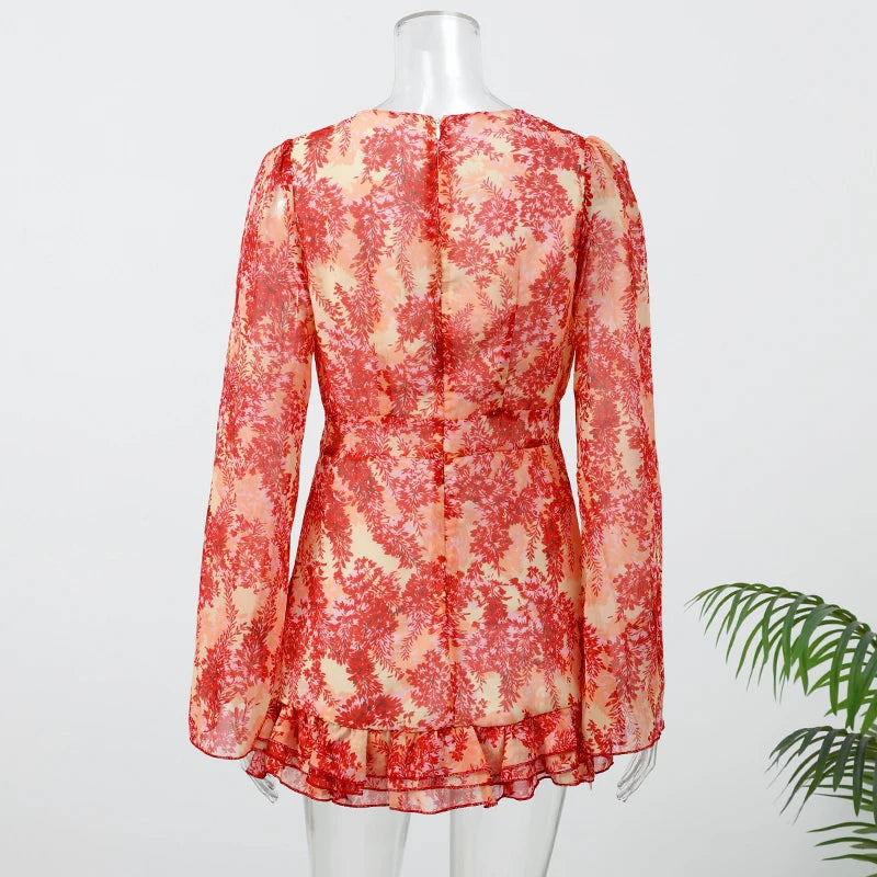Elegant Print Low-cut Ruffle Short Dress Women V-neck Short-sleeved Waist Cinching Pleated Mini Dresses Lady Party Vestidos 2026