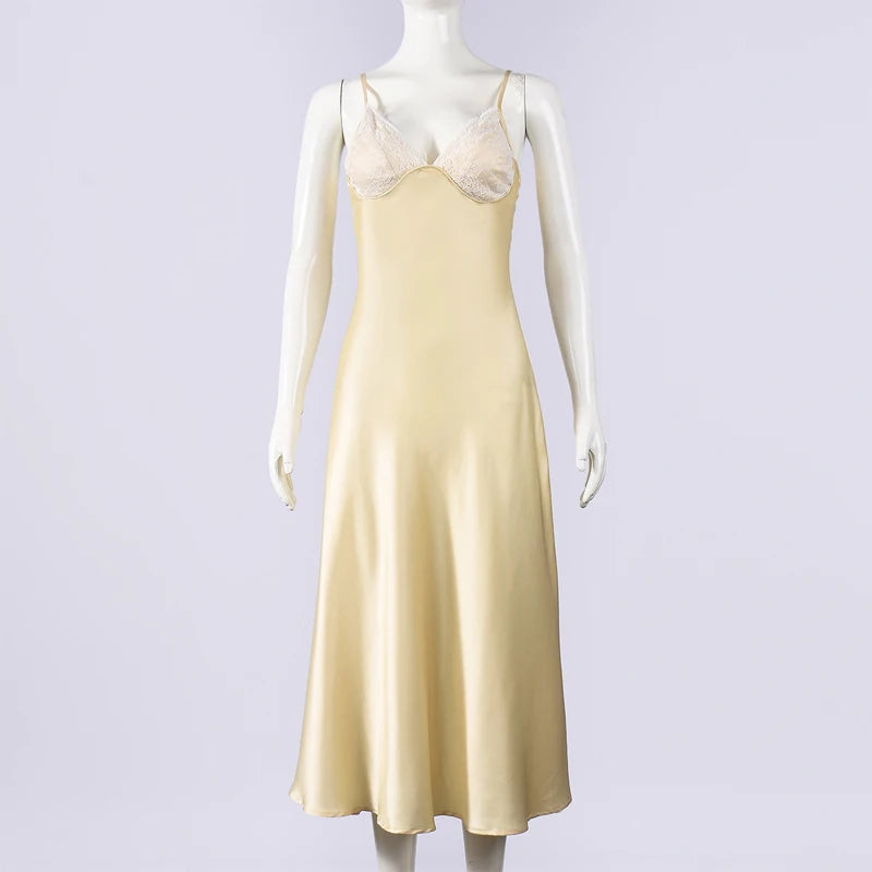Butter Yellow Satin Bias Cut Lace Patchwork Midi Dress Women's V Neck Backless Suspenders Dresses 2026 New Dinner Party Vestidos
