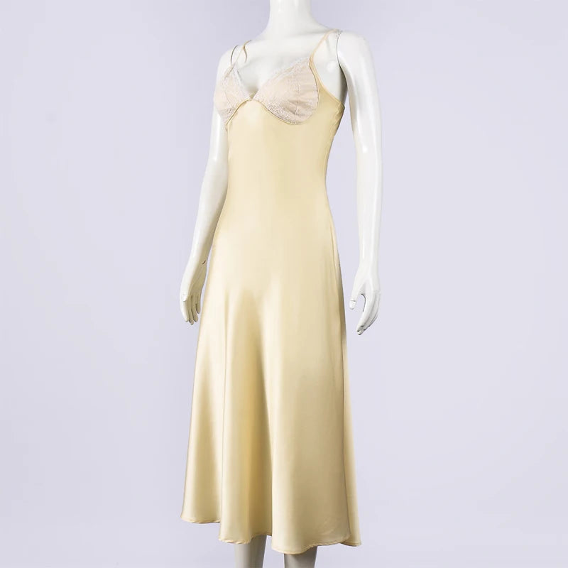 Butter Yellow Satin Bias Cut Lace Patchwork Midi Dress Women's V Neck Backless Suspenders Dresses 2026 New Dinner Party Vestidos