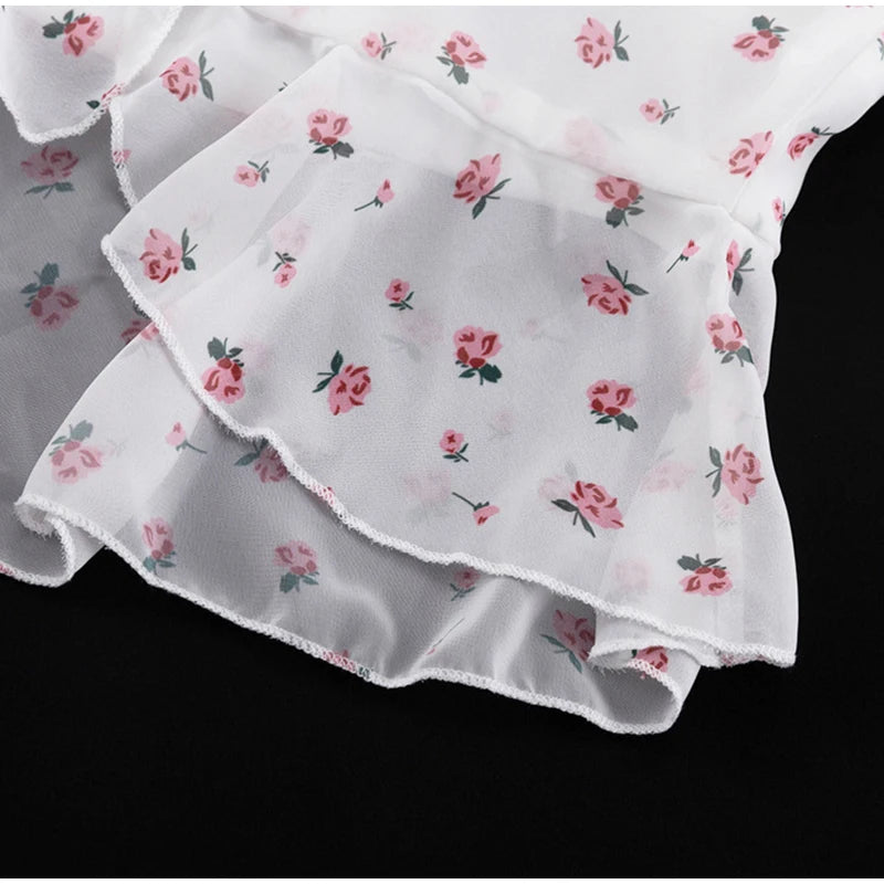 Floral Print V-Neck Flare Sleeve Mermaid Set Waist Cinched Ruffle Hem 2026 Summer Party Women Gown Retro Elegant Lady Vestido