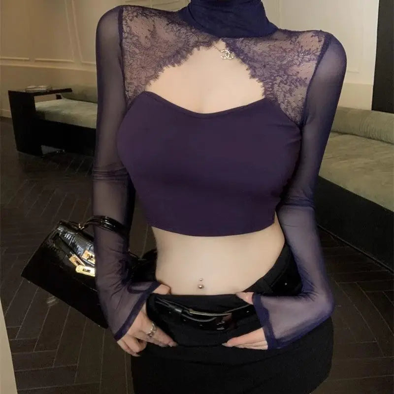 Long Sleeve Lace Splicing Hollow out T-Shirt Women's Spring Design Slim Fit Pure Sexy Purple Short Backless Top