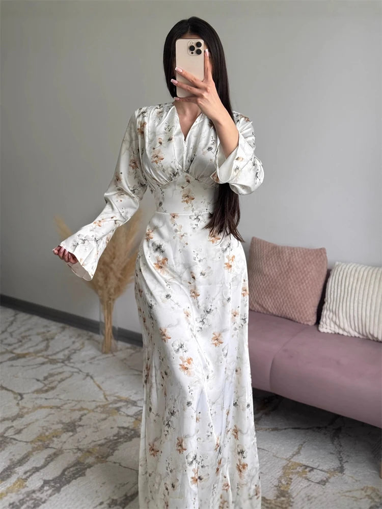 Pink Floral Print Slim Fit Dress Women Chic V-neck Ruffle Trim Flare Full Sleeves Ruched Slit Long Dresses Lady Elegant Wear New