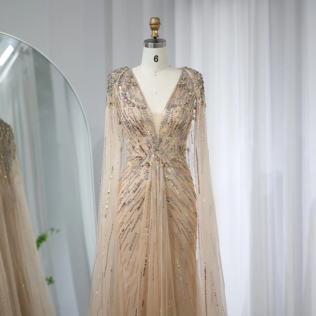 Sharon Said Luxury Dubai Sage Green Evening Dresses with Cape Fuchsia Crystal Gold Women Wedding Party Gowns SS399 Customized