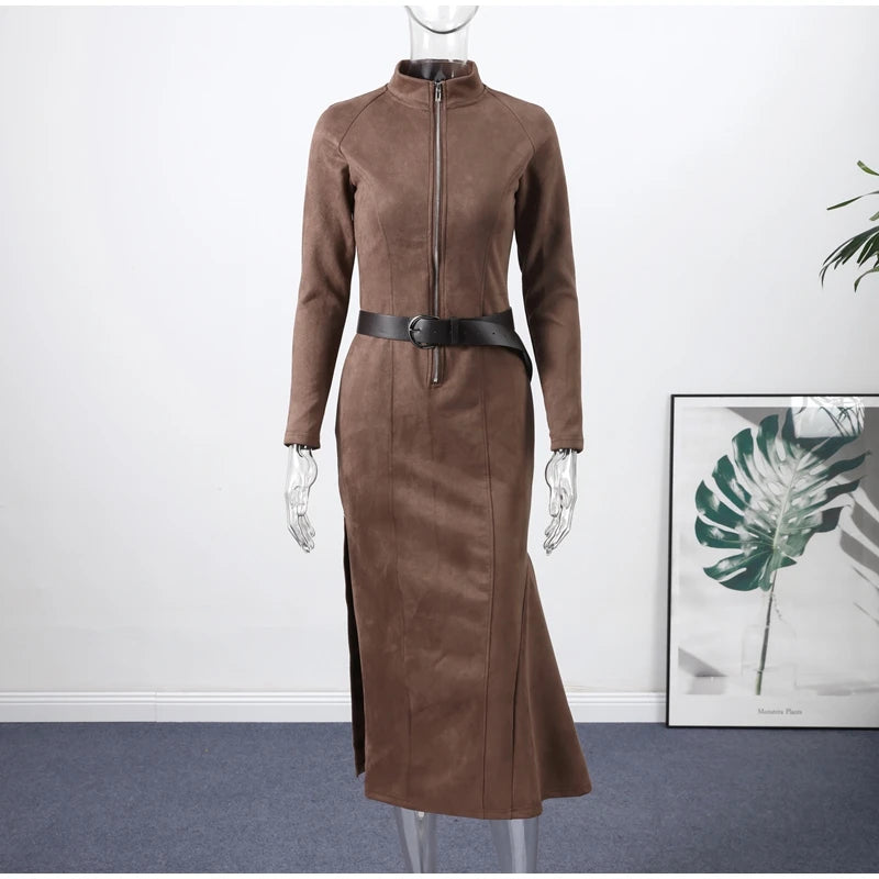 Vintage Half High Neck Long Sleeve Short Dress Women Fashion High Waist Pleasted Zipper Slim Dresses Female Autumn Chic Cloth