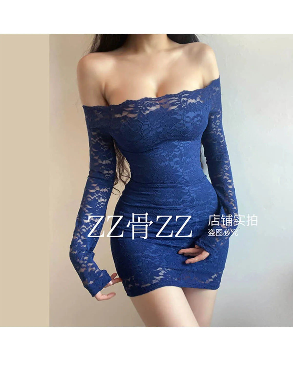 Blue Lace Mesh Slim Mini Dress Autumn New Style French Dress Elegant Feminine One Shoulder Slash Neck Lace Sexy Korean YRR6