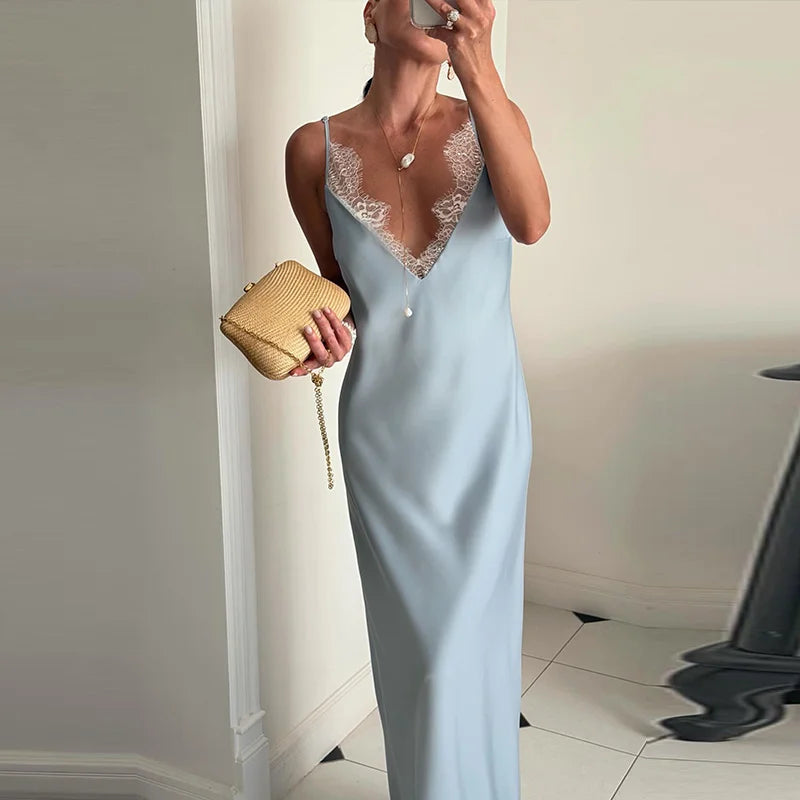 Casual Lace Patchwork Women's Dress Chic V-Neck Slip Top Sleeveless Lady Long Dresses 2026 Spring Summer Female Vacation Robe