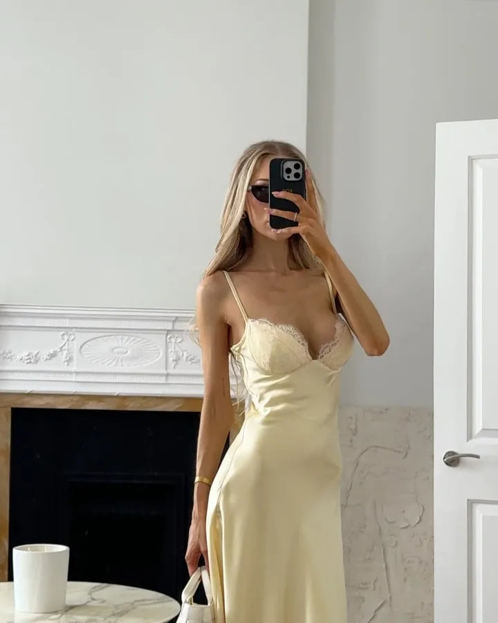Butter Yellow Satin Bias Cut Lace Patchwork Midi Dress Women's V Neck Backless Suspenders Dresses 2026 New Dinner Party Vestidos