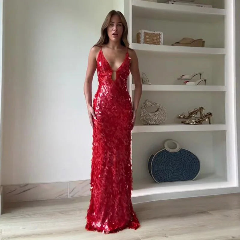 Fashion Sequined V Neck Sling Dress Women Evening Party Sleeveless Backless High Waist Maxi Dresses 2024 New Christmas Gown Robe