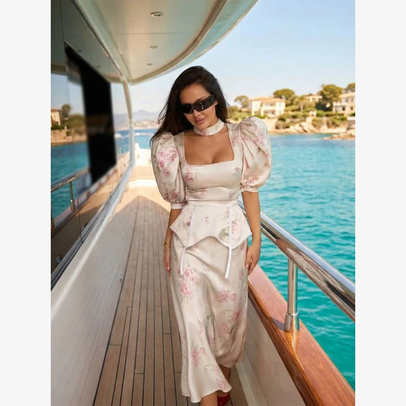 Women Orange Paisley Print Short Sleeve Maxi Dress Fashion V-neck Ruffle Trim Belted Slit Hem Dresses 2026 Lady Vacation Gown