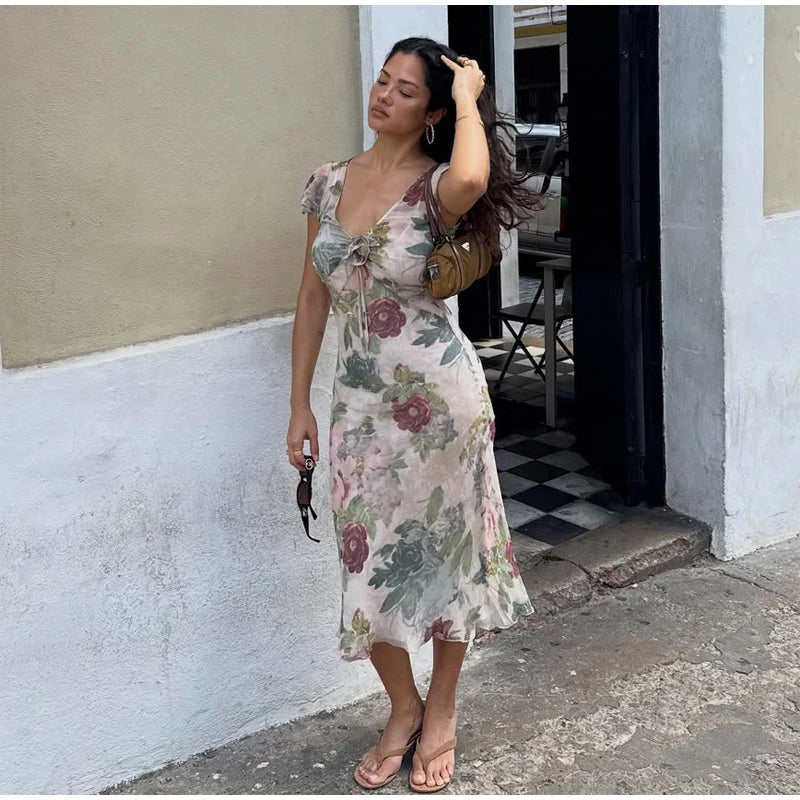 Flutter Sleeves Pleated Long Dress Women Chic Deep V-neck Floral Print Sexy Waist Cinching Vestidos Lady Holiday Street Dresses