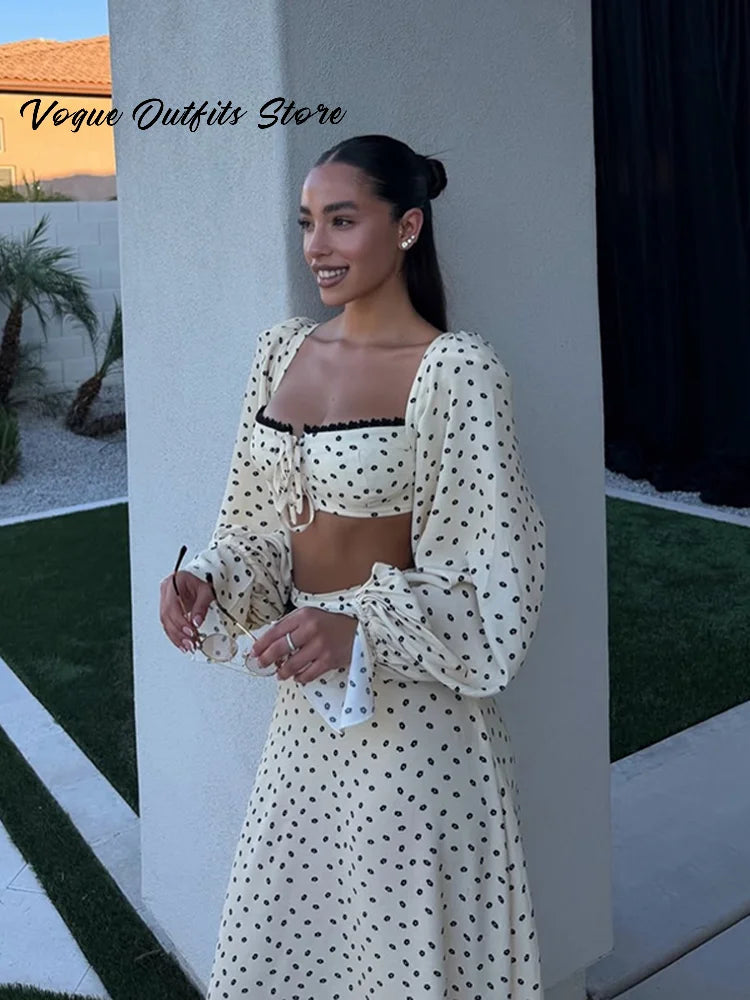 Sexy Polka Dot Cropped Top Long Skirt Women Lantern Sleeve Slash Neck Lace Up Top Maxi Skirts 2026 Summer Lady Beach Outfits