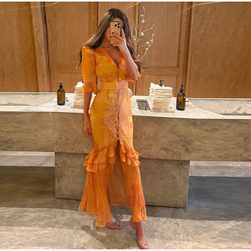 Padded Shoulder Ruffle Maxi Dress V-neck Low Slit Waist Cinching 2026 Springr Holiday Women Flowy Gown Chic Fashion Vestidoes