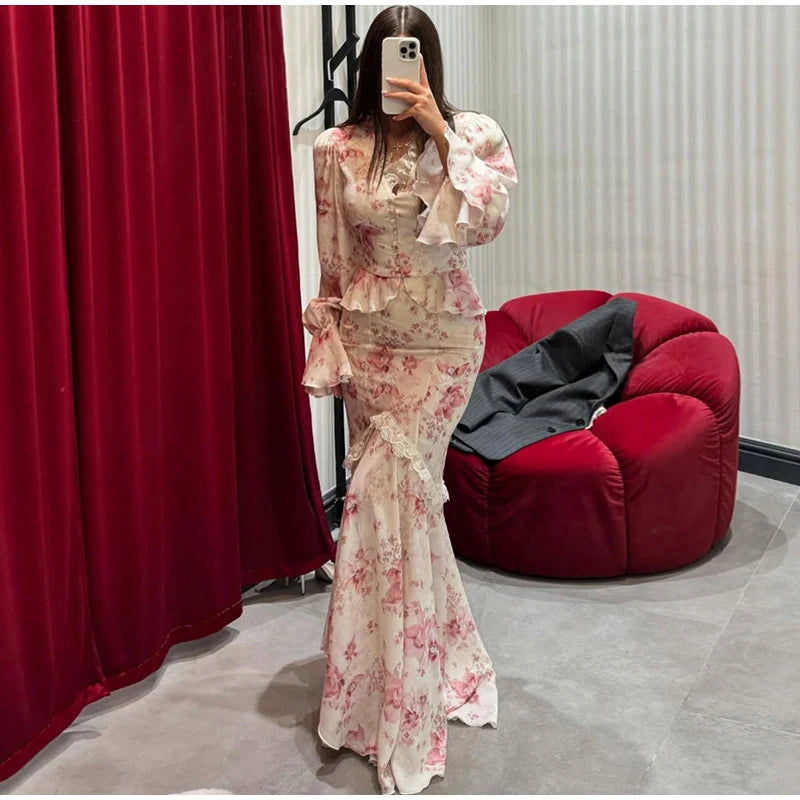 Floral Print V-Neck Flare Sleeve Mermaid Set Waist Cinched Ruffle Hem 2026 Summer Party Women Gown Retro Elegant Lady Vestido