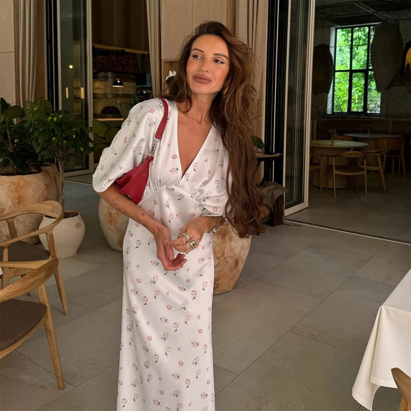 Pink Floral Print Slim Fit Dress Women Chic V-neck Ruffle Trim Flare Full Sleeves Ruched Slit Long Dresses Lady Elegant Wear New