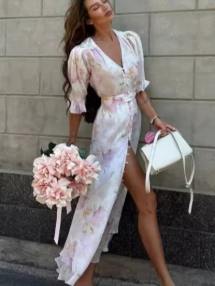 Pink Floral Print Slim Fit Dress Women Chic V-neck Ruffle Trim Flare Full Sleeves Ruched Slit Long Dresses Lady Elegant Wear New