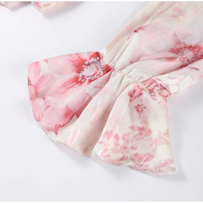 Floral Print V-Neck Flare Sleeve Mermaid Set Waist Cinched Ruffle Hem 2026 Summer Party Women Gown Retro Elegant Lady Vestido