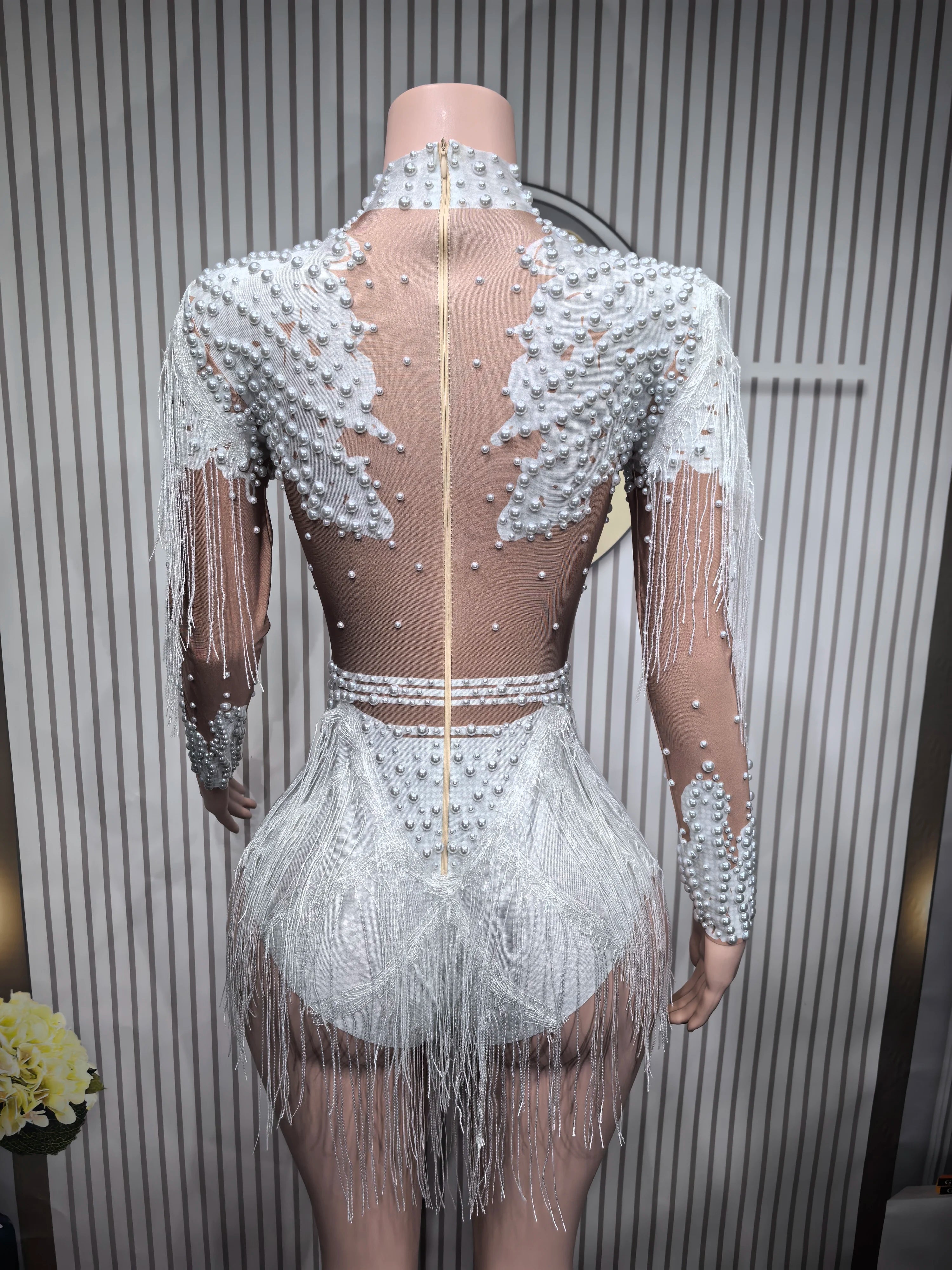 Sexy Elastic Rhinestone Tassel Party Bodysuit OutfiSet Women Nightclub Prom Crystal Fringe LeotardDance Stage Wear Nainiang Q025