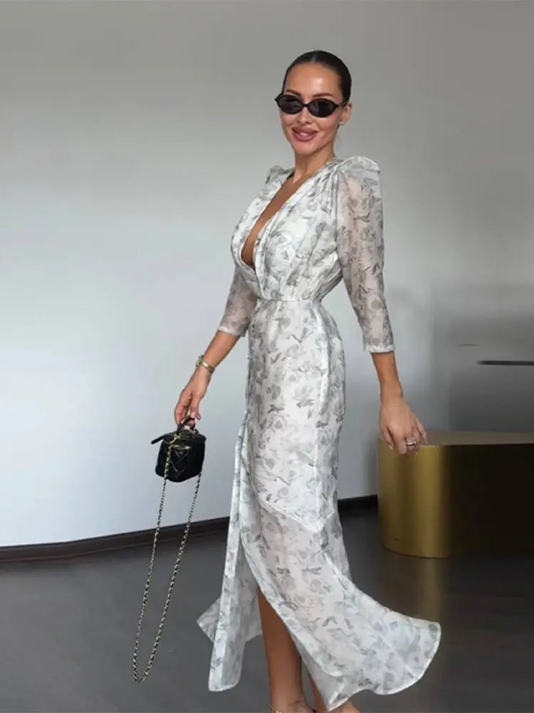 Elegant Printed Women's Dress Organza Deep V-neck Half Sleeved Waist Cinched Pleated Dresses 2026 Summer Lady Holiday Party Robe