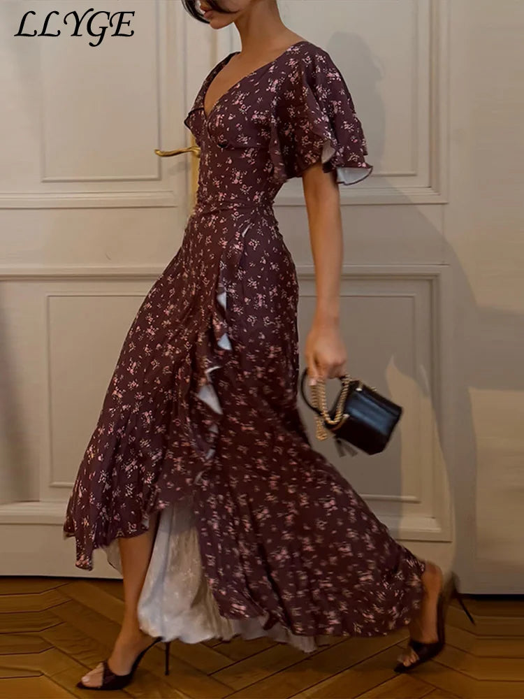 Elegant Printed Ruffles Long Women's Dress Asymmetric V-neck Flare Sleeve Slit Party Dresses 2026 Summer Floral Vacation Robes