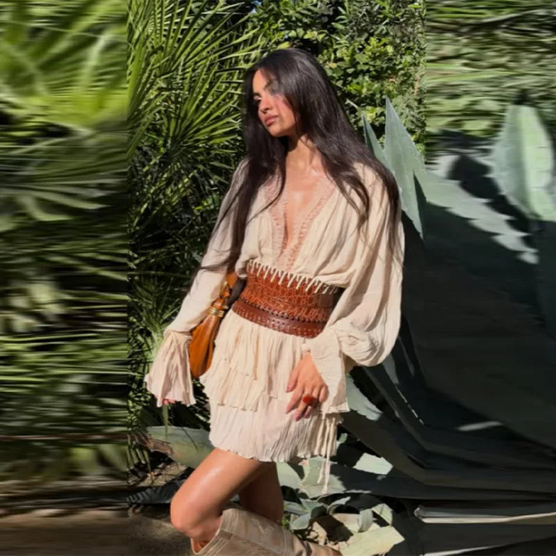 Elegant Beige Pleated Ruffle Mini Dresses Women Lace Trim V Neck Long Sleeve Boho Casual Boho Beach Dress Chic Daily Streetwear