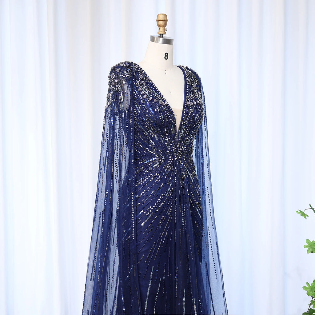 Sharon Said Luxury Dubai Sage Green Evening Dresses with Cape Fuchsia Crystal Gold Women Wedding Party Gowns SS399 Customized