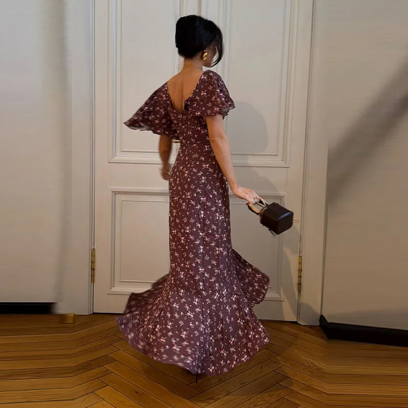 Elegant Printed Ruffles Long Women's Dress Asymmetric V-neck Flare Sleeve Slit Party Dresses 2026 Summer Floral Vacation Robes