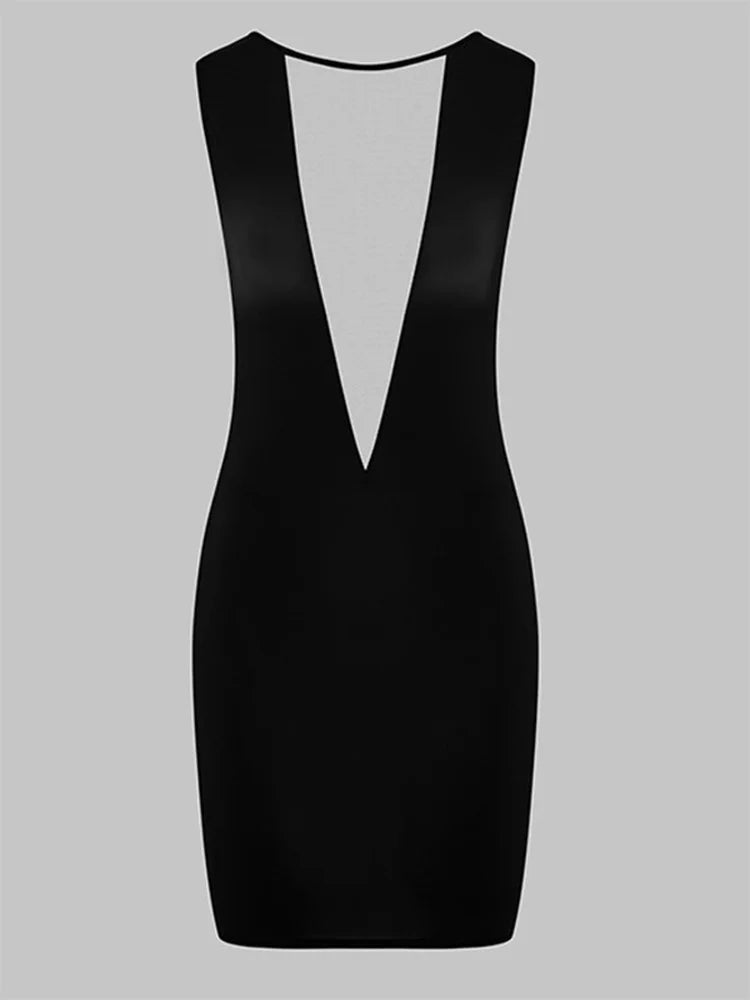 Summer Sexy Sheer Mesh Deep V Neck Backless Sleeveless Bodycon Mini Dress Women Party Clubwear Y2K Aesthetic Night Out Dresses