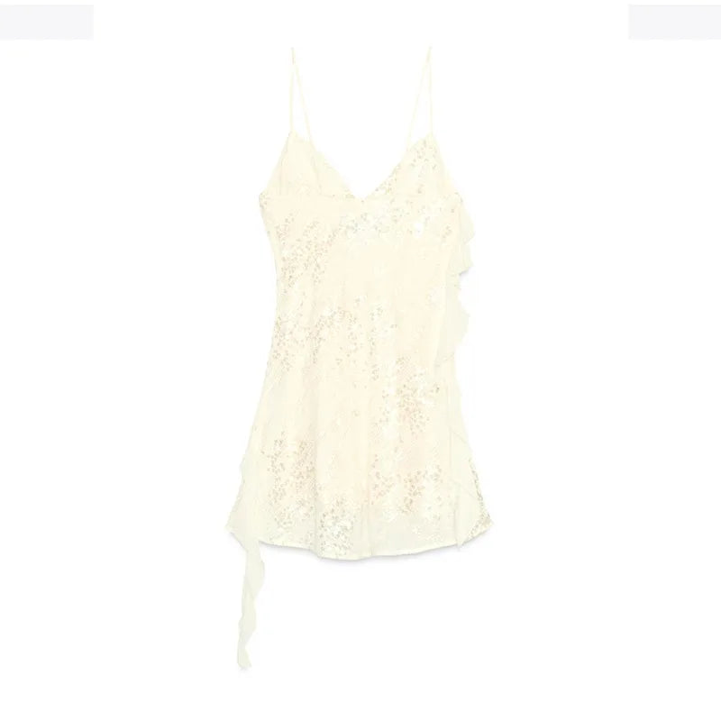 Women's Sexy Sequin Ruffle Short Dress Slim Spaghetti Strap Sleeveless Backless Party Gown for Summer 2025 Elegant Female Dress