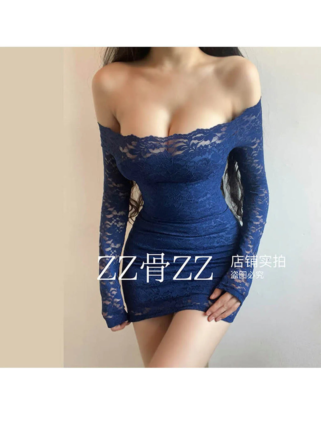Blue Lace Mesh Slim Mini Dress Autumn New Style French Dress Elegant Feminine One Shoulder Slash Neck Lace Sexy Korean YRR6