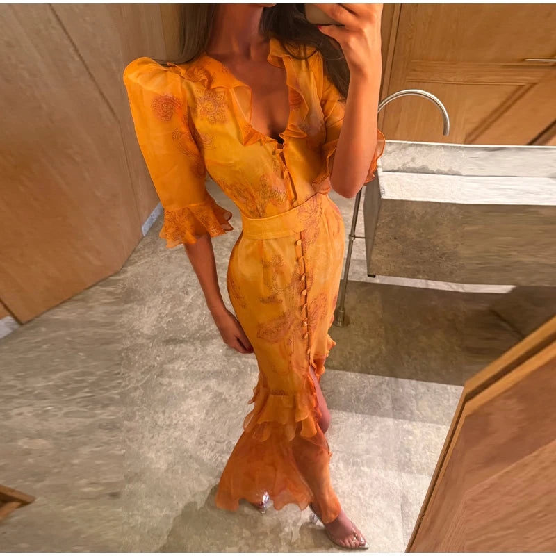 Padded Shoulder Ruffle Maxi Dress V-neck Low Slit Waist Cinching 2026 Springr Holiday Women Flowy Gown Chic Fashion Vestidoes