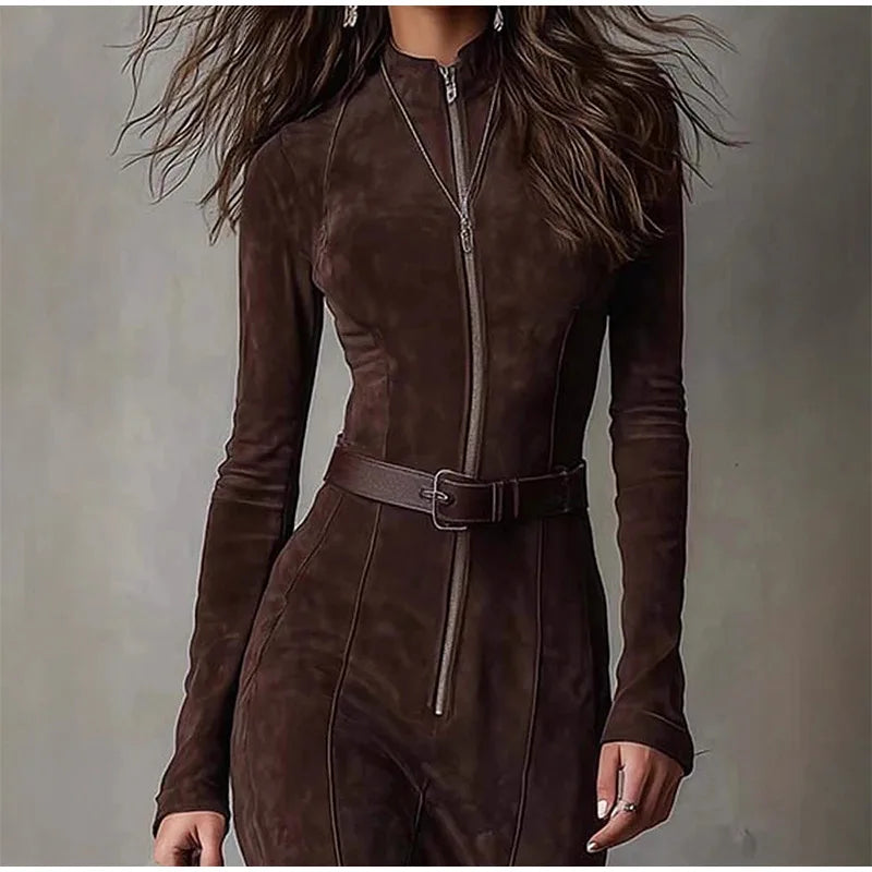 Vintage Half High Neck Long Sleeve Short Dress Women Fashion High Waist Pleasted Zipper Slim Dresses Female Autumn Chic Cloth
