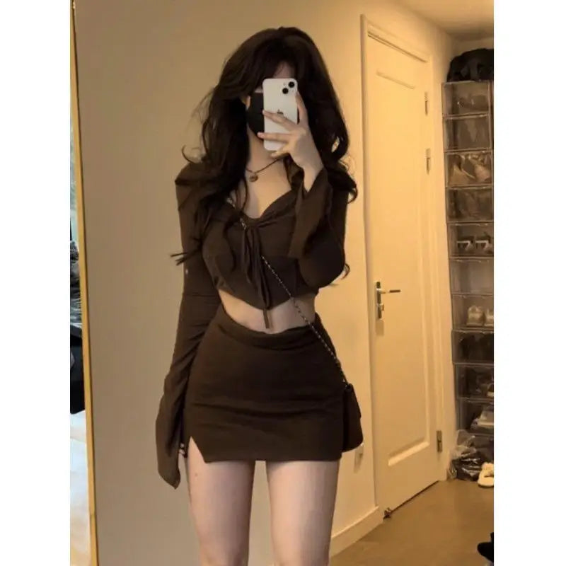 Sweet Pure Desire Short Size Set Drawstring Pleated Short Top And Skirt Two Piece Set for Small Women Casual Style Autumn Fas...
