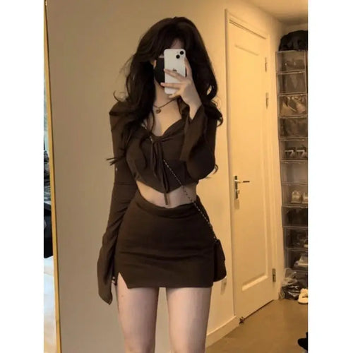 Sweet Pure Desire Short Size Set Drawstring Pleated Short Top And Skirt Two Piece Set for Small Women Casual Style Autumn Fas...