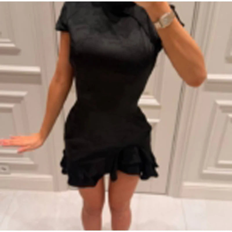 Elegant Print Low-cut Ruffle Short Dress Women V-neck Short-sleeved Waist Cinching Pleated Mini Dresses Lady Party Vestidos 2026