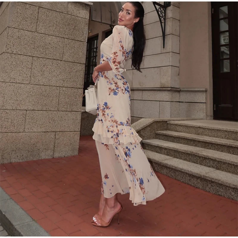 Padded Shoulder Ruffle Maxi Dress V-neck Low Slit Waist Cinching 2026 Springr Holiday Women Flowy Gown Chic Fashion Vestidoes