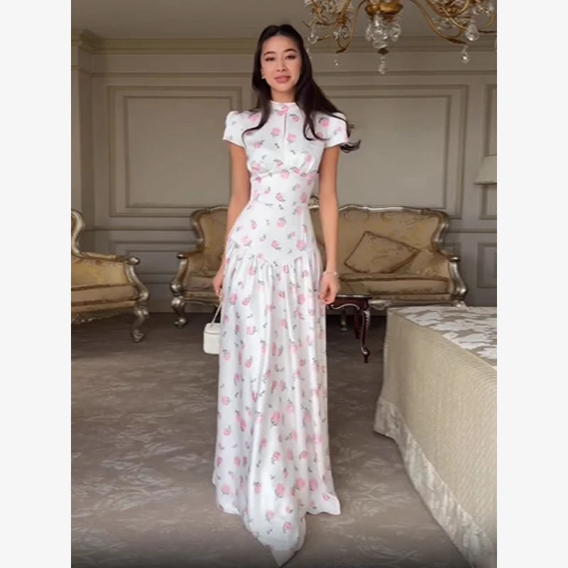 Pink Floral Print Slim Fit Dress Women Chic V-neck Ruffle Trim Flare Full Sleeves Ruched Slit Long Dresses Lady Elegant Wear New
