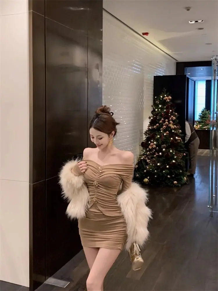 Sexy Diamond Embellished One-Shoulder Long Sleeve Women's Dress Slimming Waist High Waist Short Skirt City Commute Wear