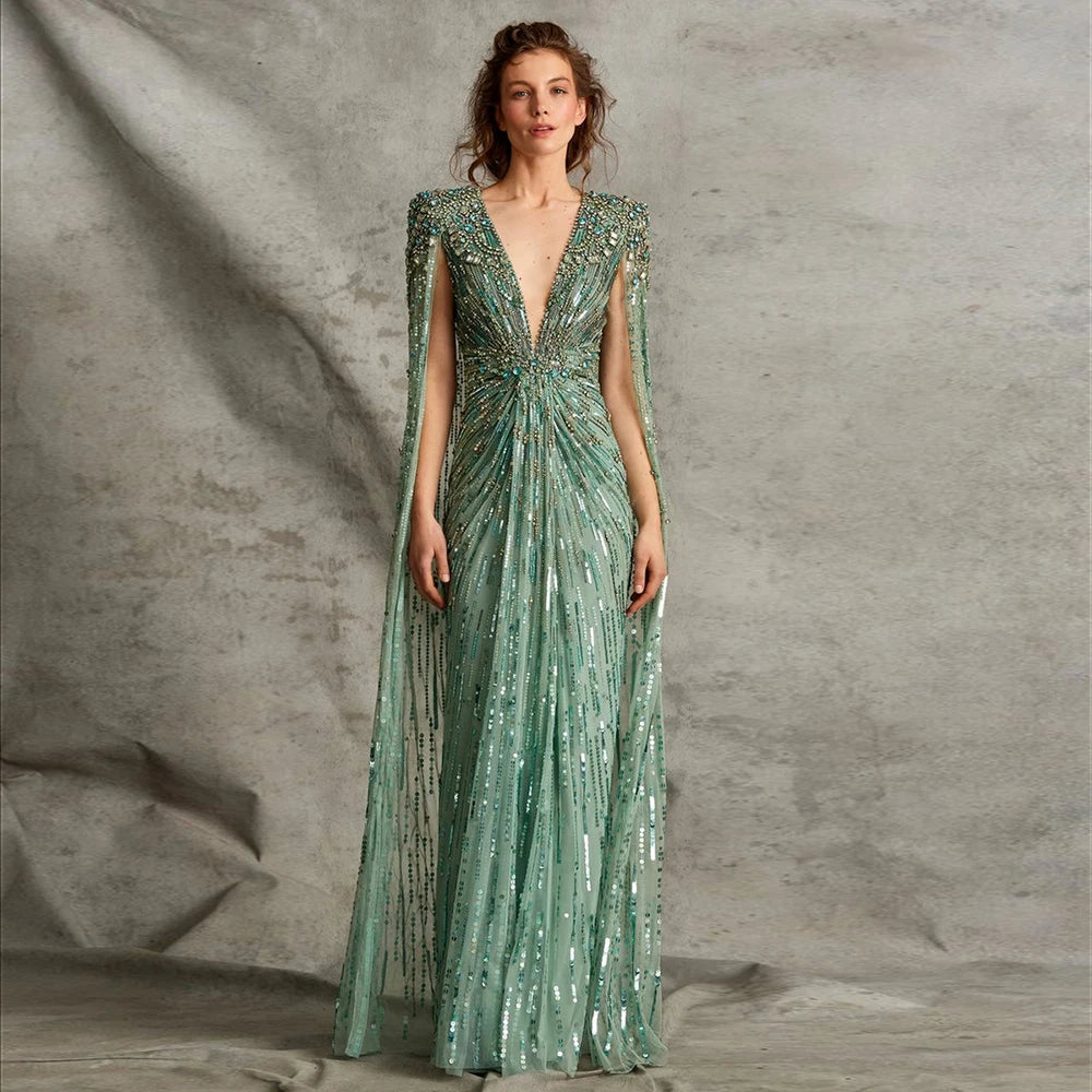 Sharon Said Luxury Dubai Sage Green Evening Dresses with Cape Fuchsia Crystal Gold Women Wedding Party Gowns SS399 Customized