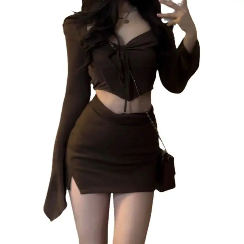 Sweet Pure Desire Short Size Set Drawstring Pleated Short Top And Skirt Two Piece Set for Small Women Casual Style Autumn Fas...