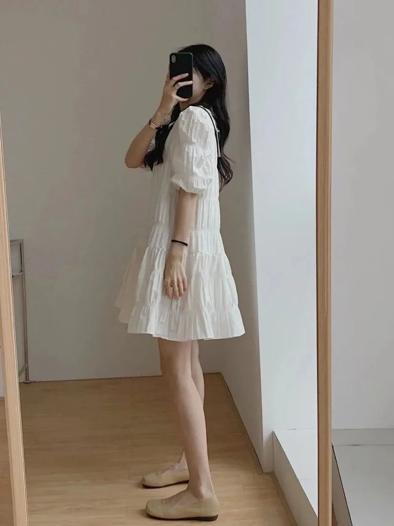 Fashion French Pleaded Dress for Women Elegant Casual Loose Short Sleeve Summer Dress Office Lady Party Dresses Robe New 27992