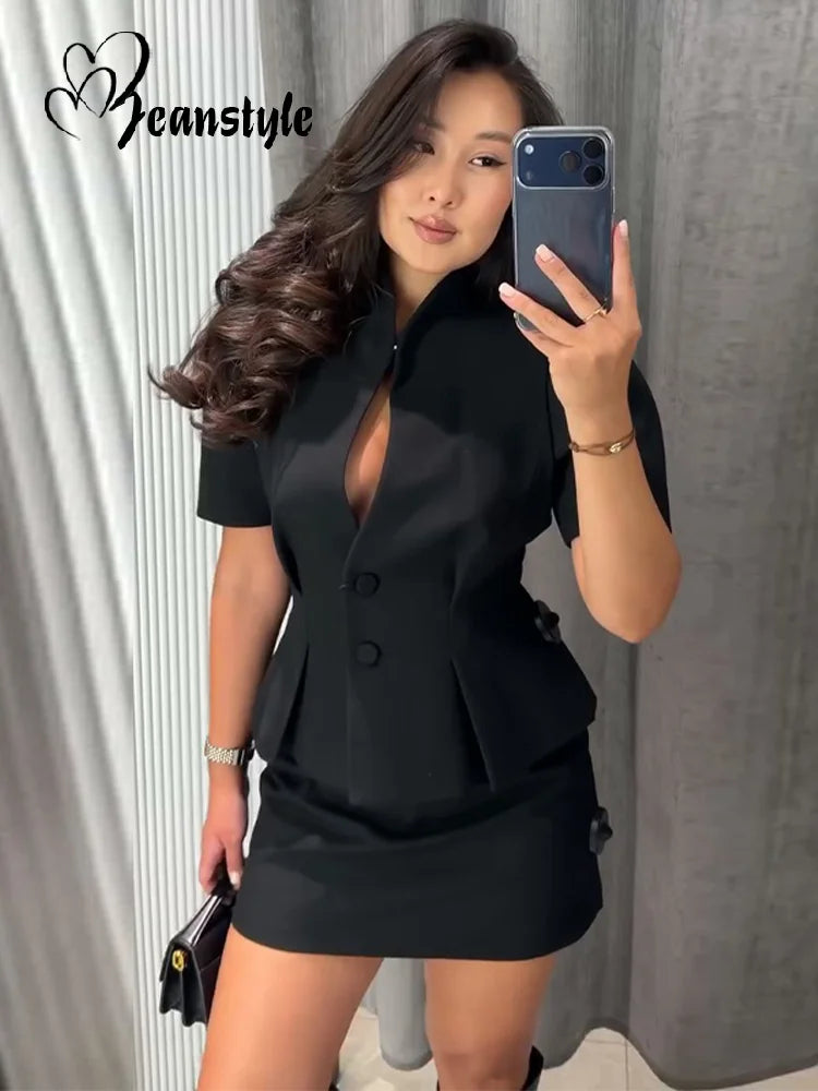 Casual Solid Hollow Out Tops Women Sexy Closed Waist Single Breasted Slim Short Sleeve Top Female 2026 Spring Summer Lady Shirts