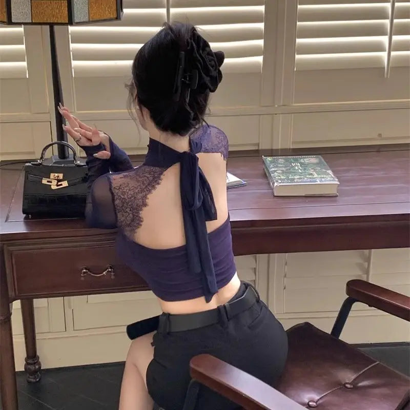 Long Sleeve Lace Splicing Hollow out T-Shirt Women's Spring Design Slim Fit Pure Sexy Purple Short Backless Top