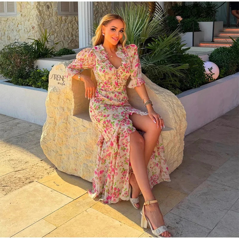 Padded Shoulder Ruffle Maxi Dress V-neck Low Slit Waist Cinching 2026 Springr Holiday Women Flowy Gown Chic Fashion Vestidoes