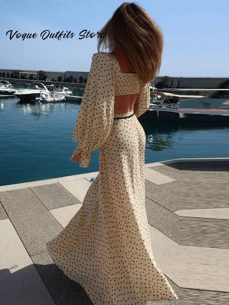 Sexy Polka Dot Cropped Top Long Skirt Women Lantern Sleeve Slash Neck Lace Up Top Maxi Skirts 2026 Summer Lady Beach Outfits