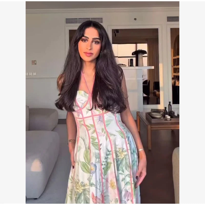 Printed Sleeveless Halter Long Dress Women Chic Waist Cinching A-line Sling Slim Fit Dresses Lady Spring Summer Vacation Gown