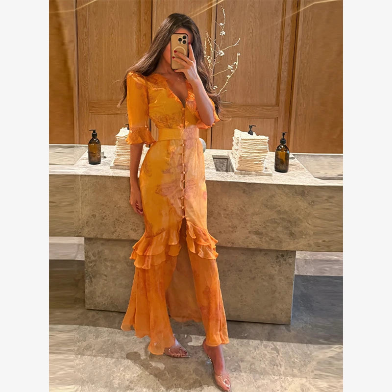 Women Orange Paisley Print Short Sleeve Maxi Dress Fashion V-neck Ruffle Trim Belted Slit Hem Dresses 2026 Lady Vacation Gown