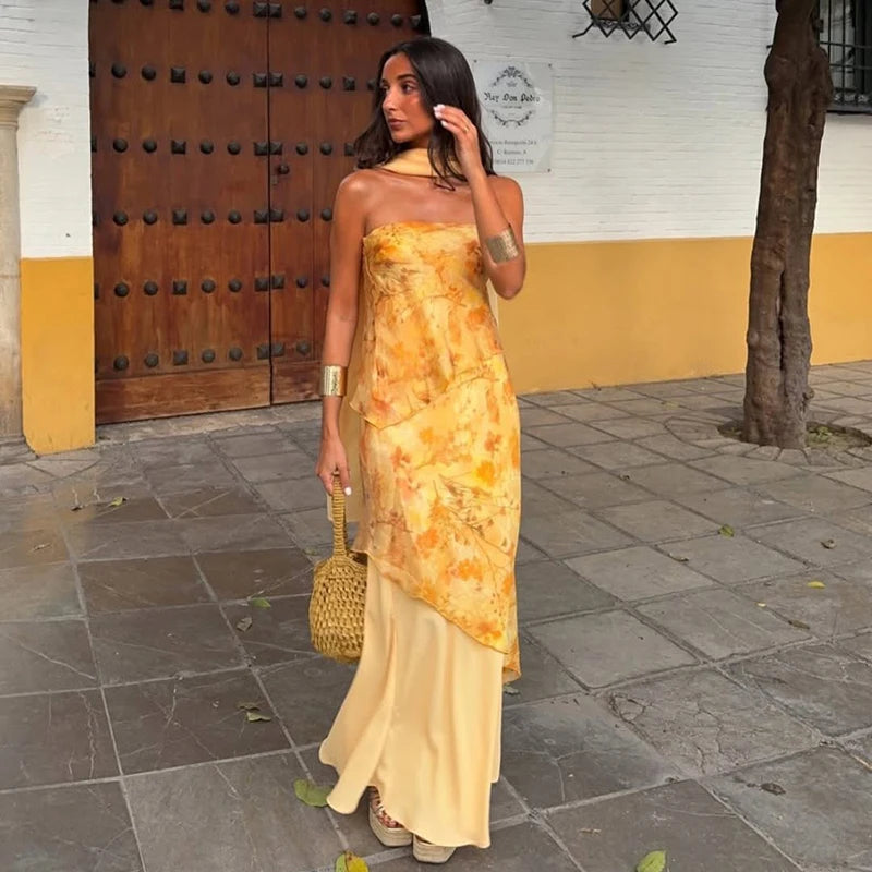 Padded Shoulder Ruffle Maxi Dress V-neck Low Slit Waist Cinching 2026 Springr Holiday Women Flowy Gown Chic Fashion Vestidoes
